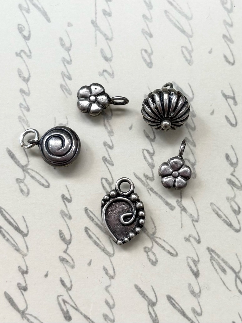 Sterling Silver Mixed Floral and Swirl Charms - 5pc Genuine Bali Beads